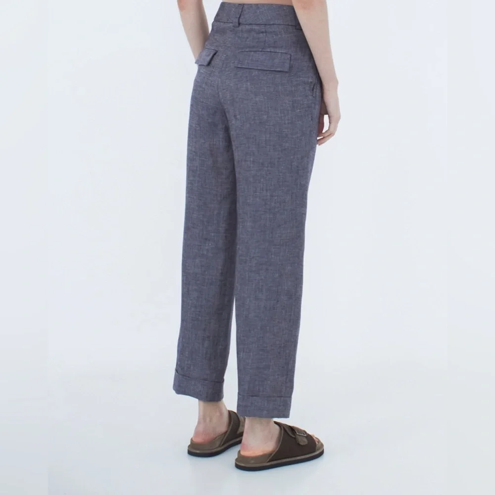 PESERICO Tailored 100% Linen Wide Leg Pleated Cuffed Trousers